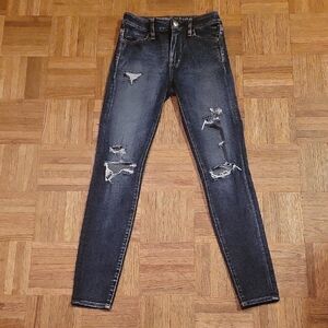American Eagle Outfitters Dark Blue Skinny Denim Jeans Stretch Distressed SIZE 0